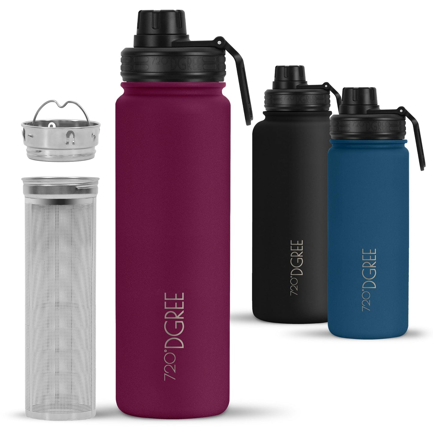 720°DGREE stainless steel thermo flask 710ml "noLimit" with fruit container - leak-proof, suitable for carbonation, BPA-free - insulated bottle with screw cap for sports, cycling, fitness + sports lid.