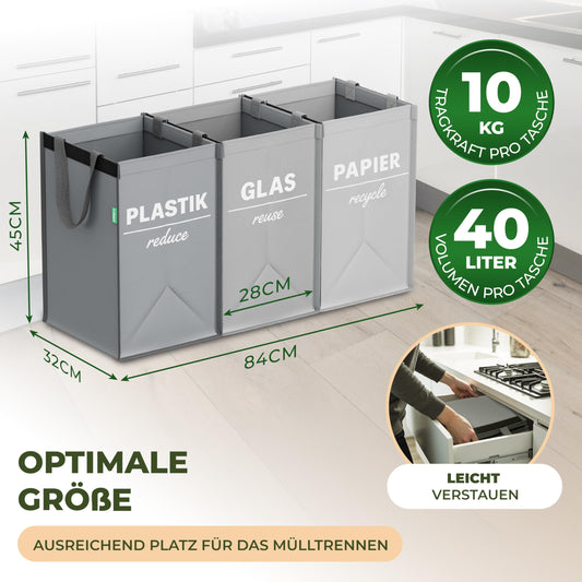 COTTARA® Waste Separation System 3-way Plastic, Glass, Paper | Stable Base with 4 Stabilizers | Ideal for separating waste, collecting deposit bottles, recycling bins, and paper collection | Gray