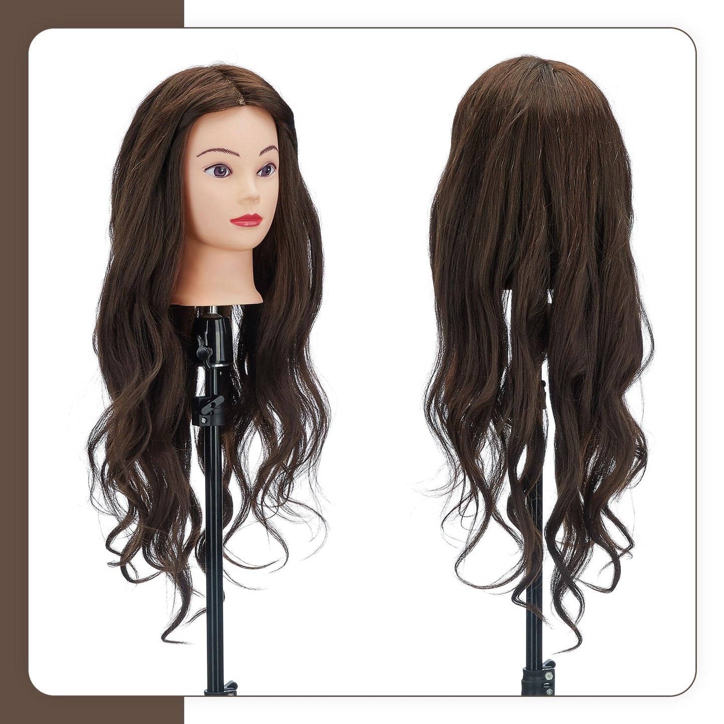 Neverland Beauty Styling Head with Practice Head Stand - 71cm 60% Real Hair, Doll Head for Styling, Training Heads for Hairdressers Training Head With Holder + DIY Hair Set (Brown)