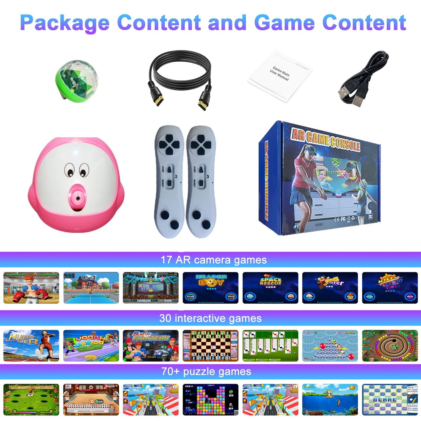 Game console for kids and adults, HD video game system with 100+ games, 17 camera AR games, 2 game controllers, TV PC toy gift for boys and girls ages 3 and up