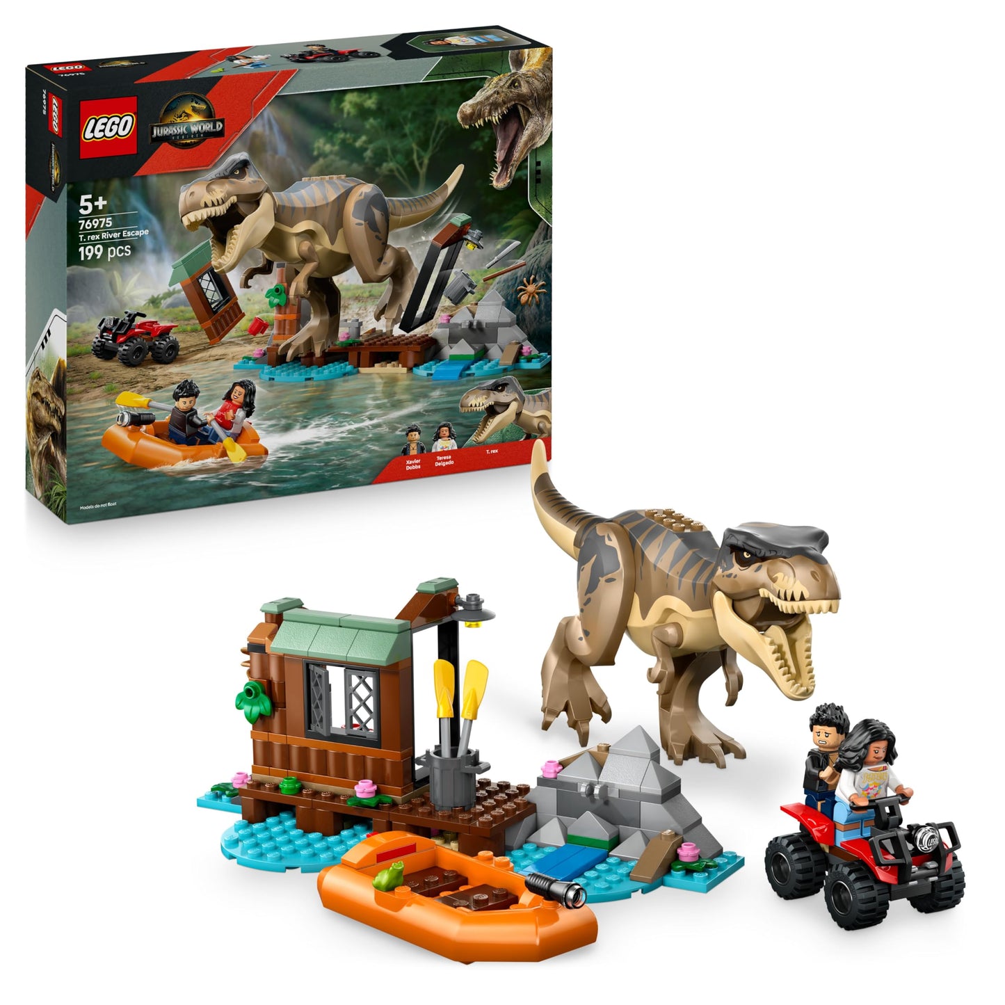 LEGO Jurassic World Escape from the T.Rex - Interactive toy with dinosaur figure, boat, ATV, and 2 minifigures - Gift for boys and girls aged 5 and up - 76975