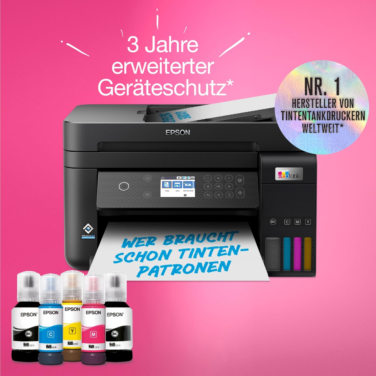 Epson EcoTank ET-3850 A4 multifunction Wi-Fi ink tank printer, with included ink supply lasting up to 3 years.