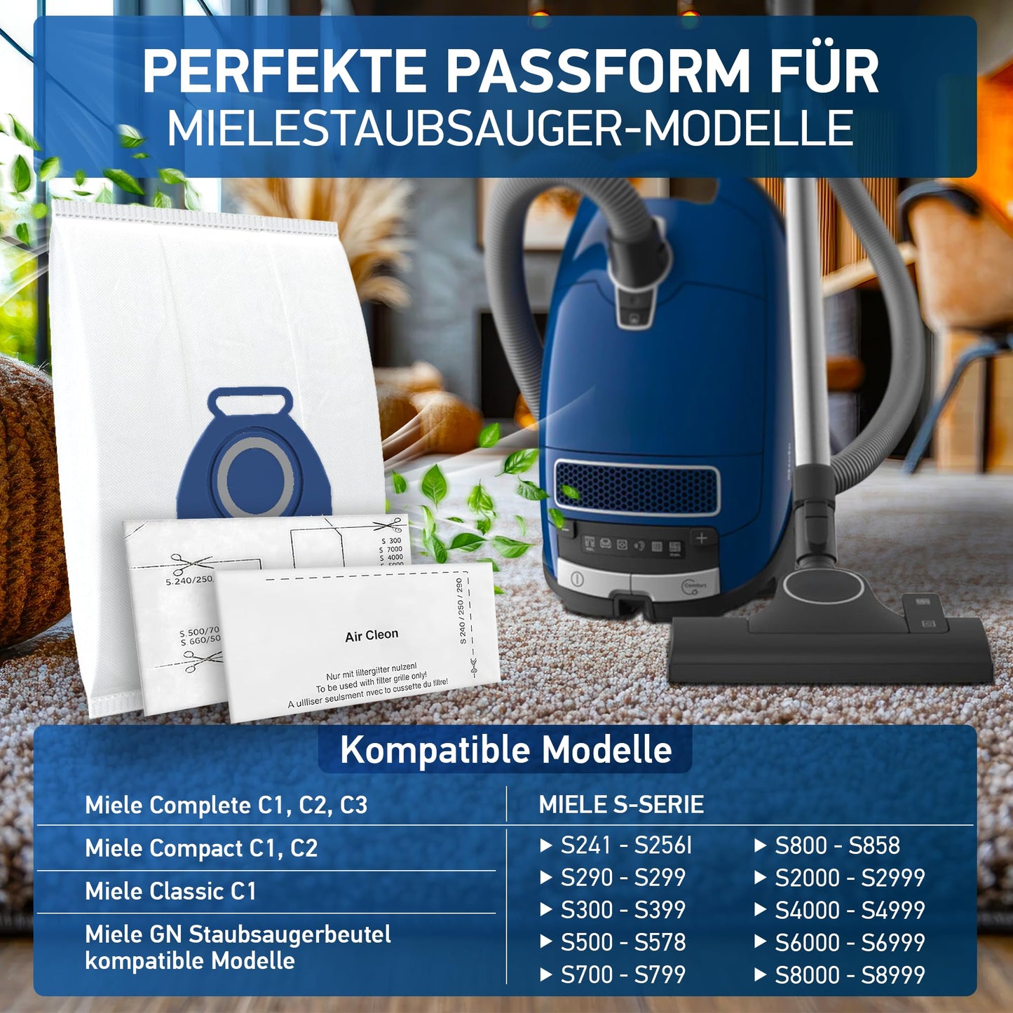 20 bags Compatible with Miele vacuum cleaners Complete C3/Complete C2/Classic C1/S2/S4/S5/S6/S8 3D Efficiency GN vacuum cleaner bags, with 5x motor protection & 5x exhaust filters, replaces 9917730