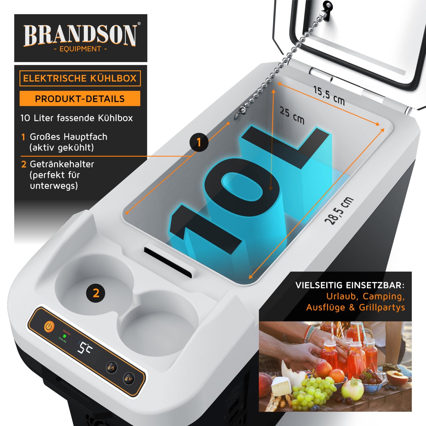 Brandson - Electric cooler box 10L - 230V mains voltage and 12V car battery voltage - cools and warms - heating up to 65°C max - cooling down approximately 20°C below ambient temperature - Cool Grey