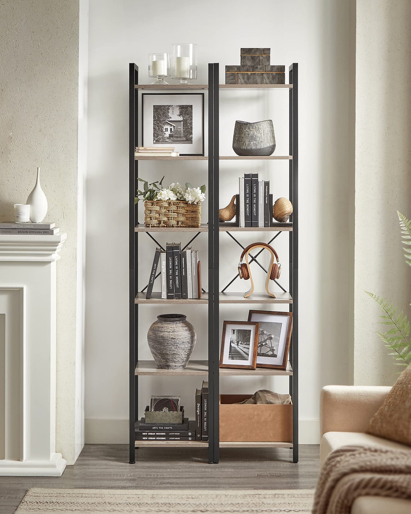 VASAGLE Shelf, Bookshelf, Standing Shelf, DVD Shelf, with 6 Levels, Office Shelf, Open Shelves, for Office, Living Room, Bedroom, Kitchen, 30 x 40 x 186 cm, Beige-Black LLS101B02