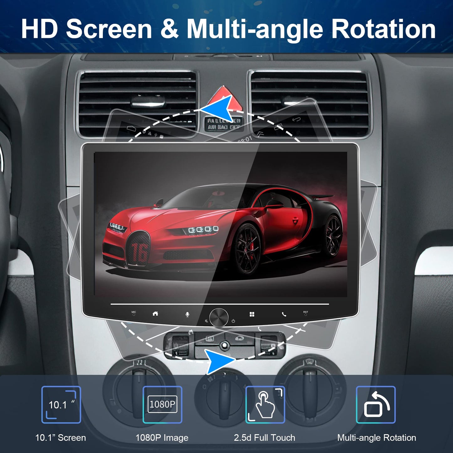 2+32G, 10" Car Radio Bluetooth 1 Din Wireless Carplay Android Auto with Navigation Swing Touchscreen Physical Button, Podofo Android FM RDS Radio HI-FI Sound with Dual USB MIC with Rearview Camera AHD