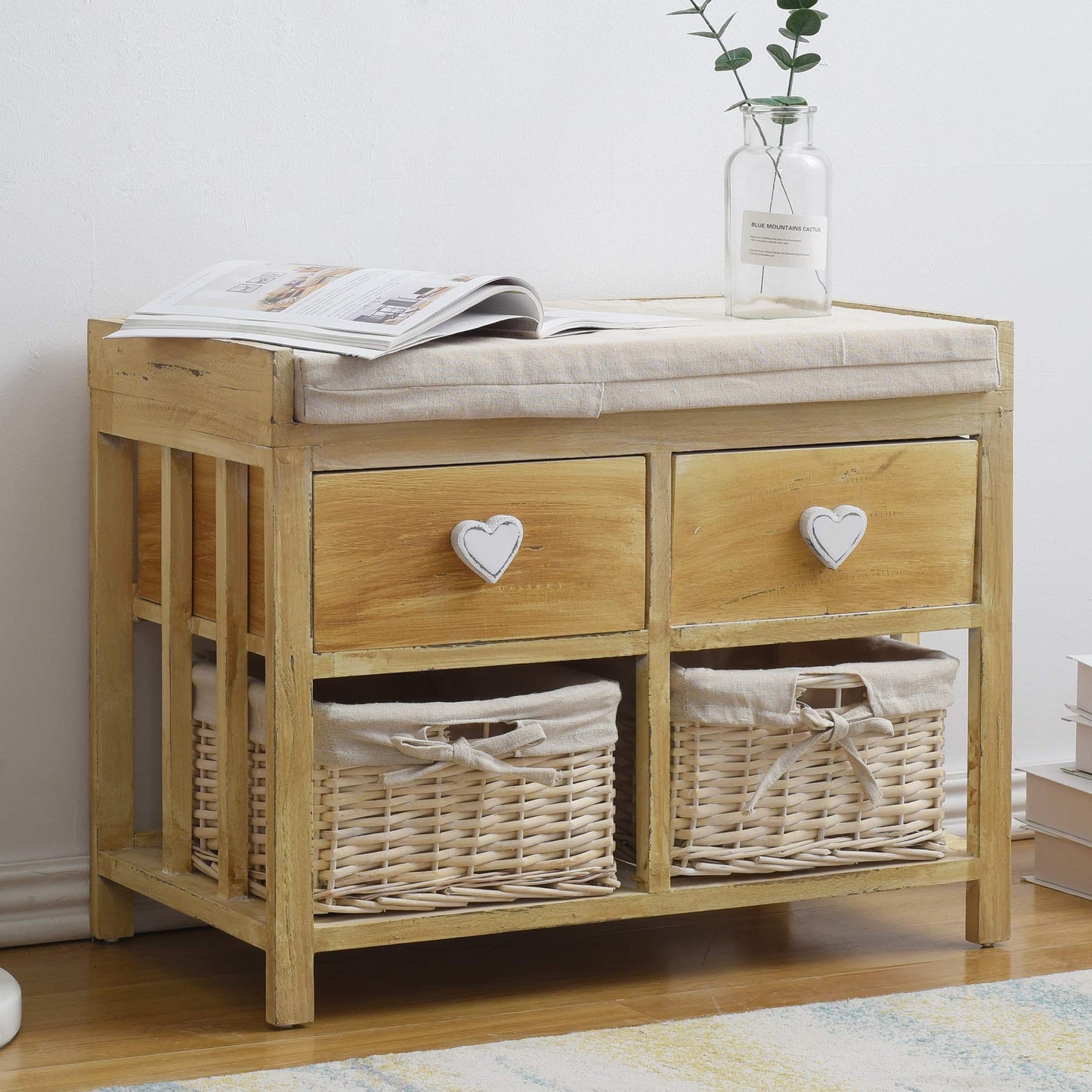 Rebecca wooden bench and wicker baskets, comfortable seat bench with 2 drawers and 2 wicker baskets, beige, shabby chic, for entryway or bedroom - Dimensions: 46 x 60 x 30 cm (HxLxB) - Art. RE4159