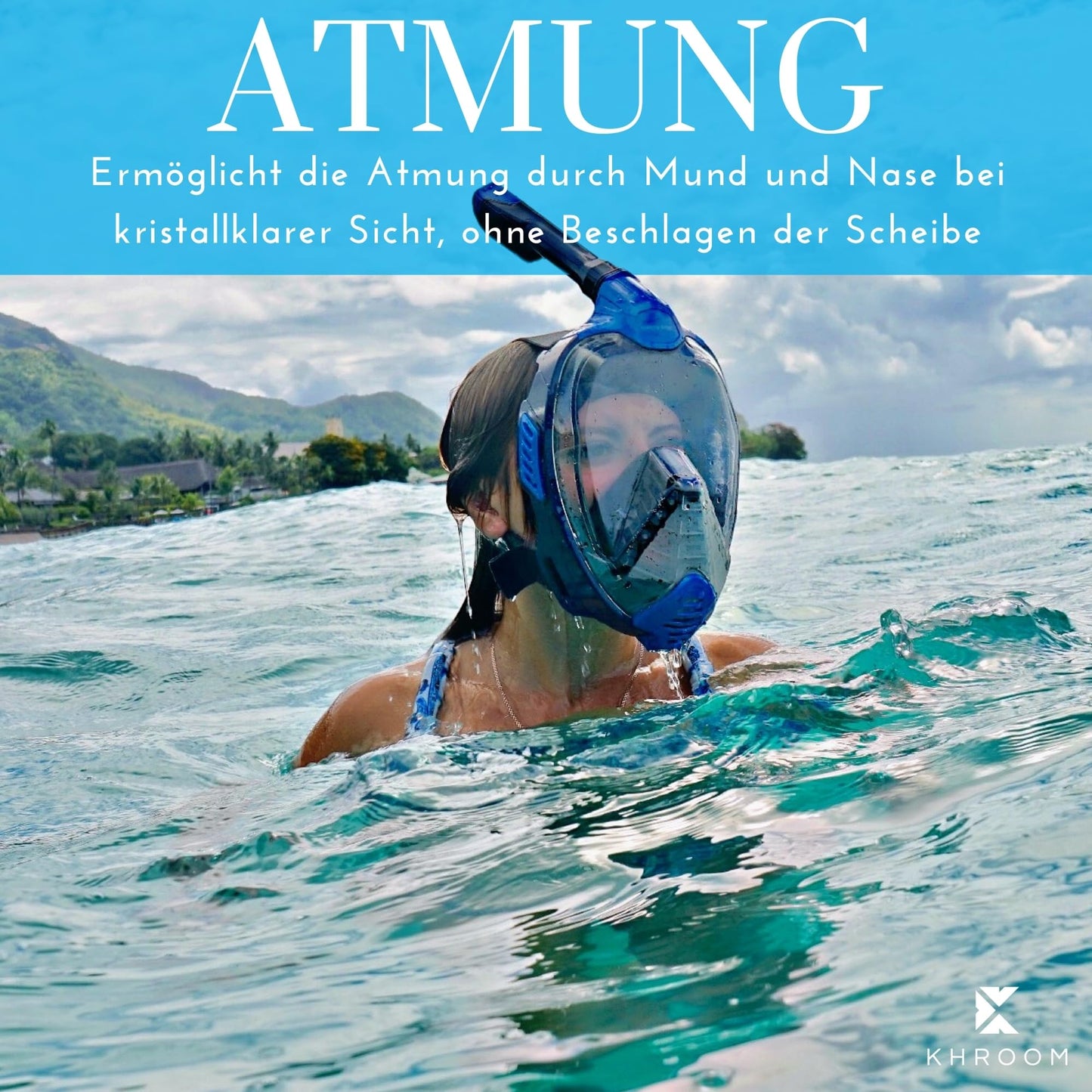 Khroom snorkel mask for adults & kids with DEKRA-tested CO2 safety | Full-face Sea view X dive mask | Snorkeling gear/ set alternative (S/M, Light Blue)