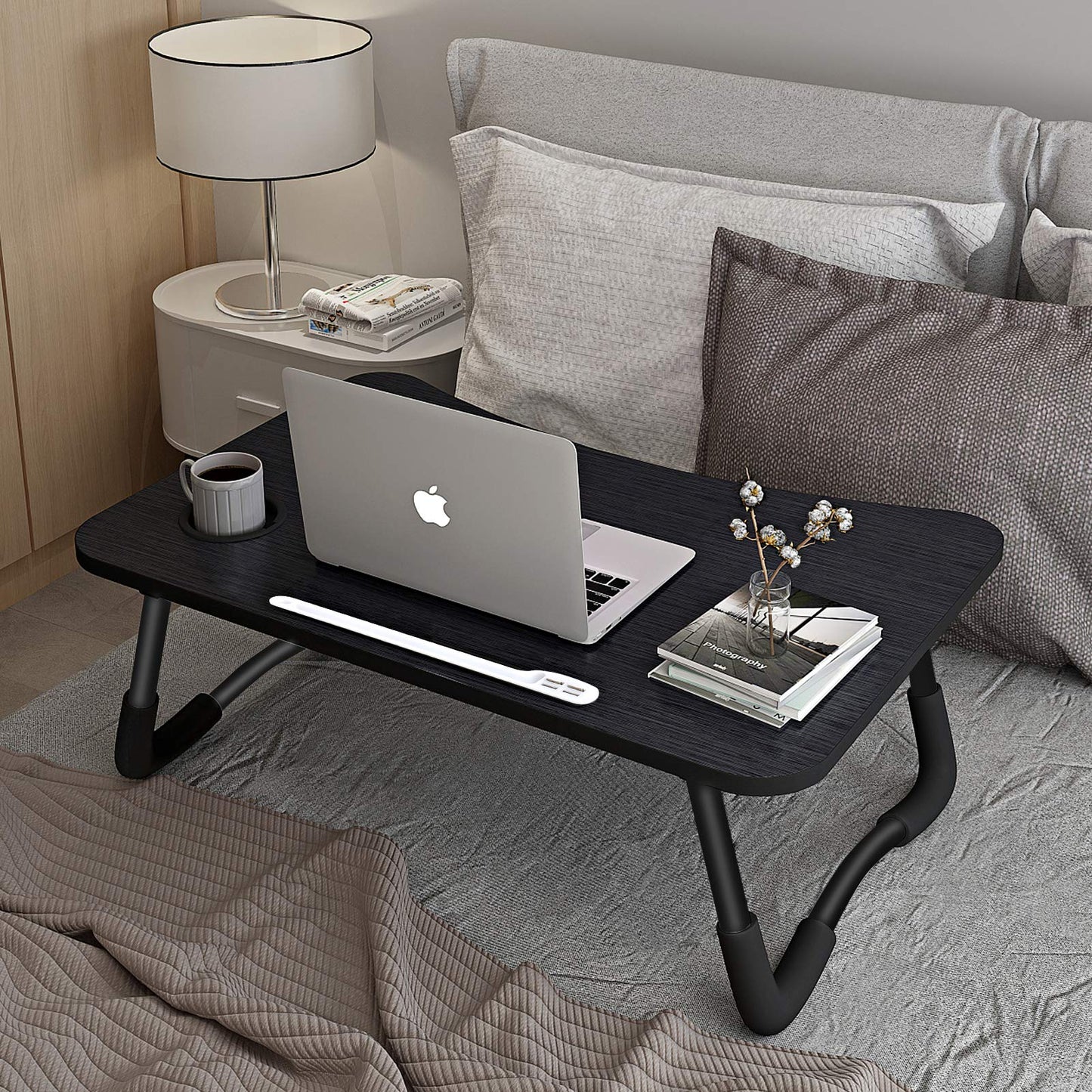 A3A ACADGQ laptop table, foldable laptop bed table, notebook desk with 4 USB charging ports, drawer, pad stand, cup holder, for bed, sofa, floor (60 x 40 cm, black)