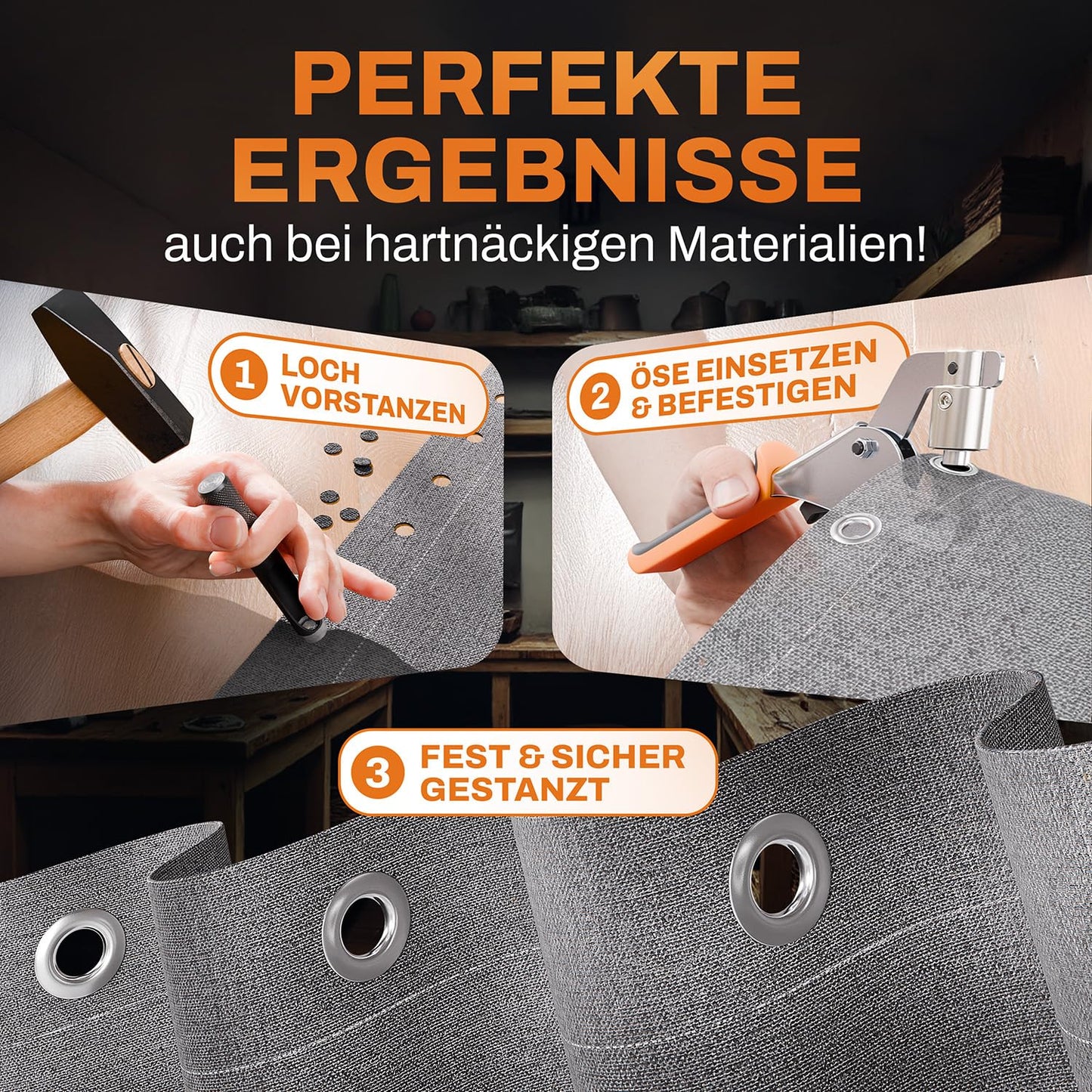 Craftus® Professional Eyelet Tool Set with 200 stainless steel eyelets (Ø 10mm) I Magnetic eyelet press made of hardened steel for fabrics & tarps I Eyelet punch for tarp eyelets & metal eyelets.
