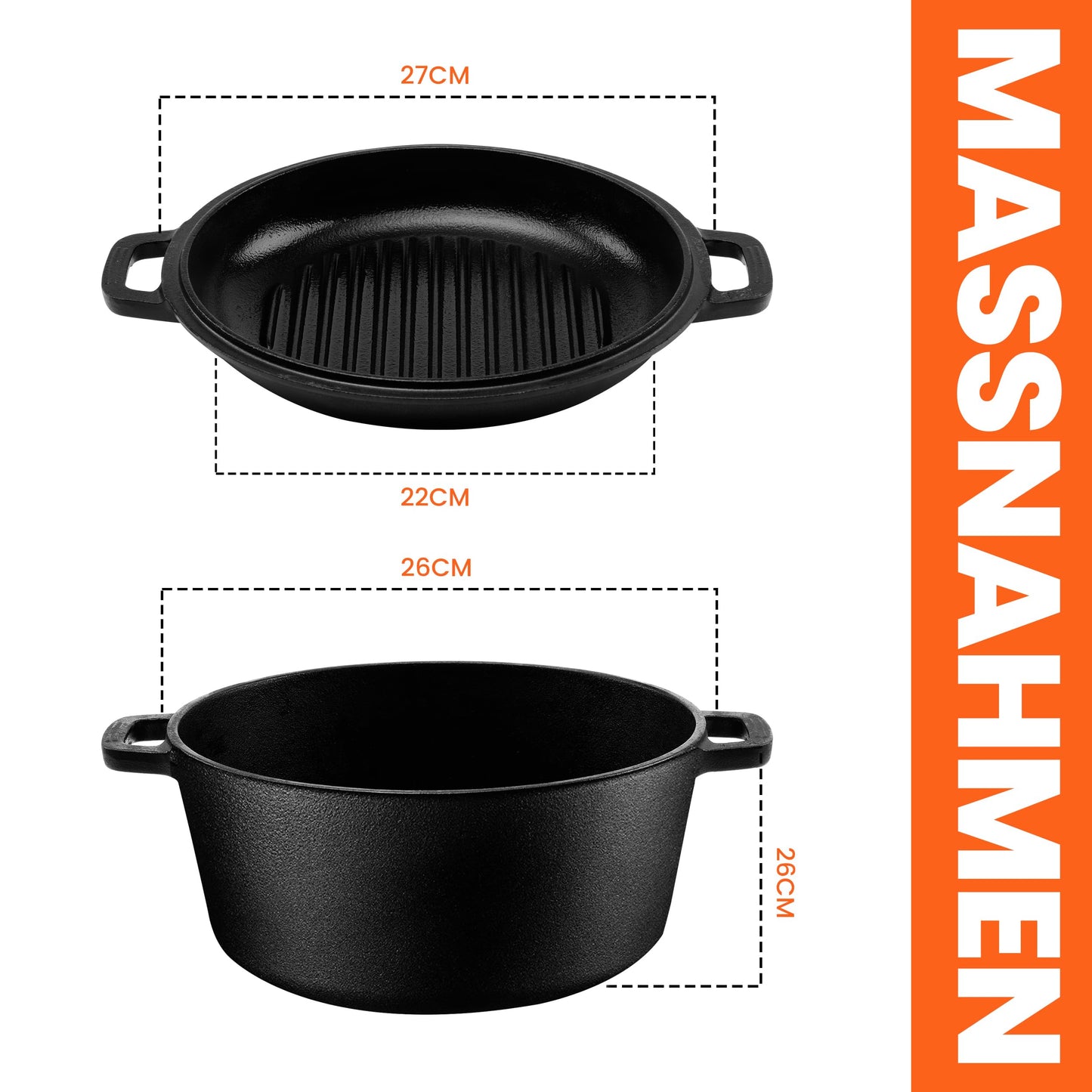 KICHLY 2 in 1 Cast Iron Pot with Dual Purpose Grill Pan Lid - Pre-Seasoned Cast Iron Dutch Oven - Baking Bread, Cooking, Frying, Stewing & Grilling - Indoor and Outdoor use.