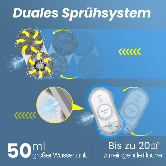 AlfaBot X8 window cleaning robot, electric window cleaner robot, glass cleaning robot with water spraying function in two directions, remote control, voice support in English, auto sprayer.