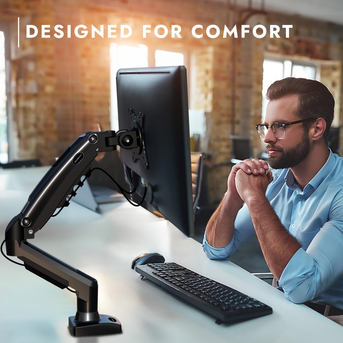 Invision Monitor Mount for 19-32 inch screens, VESA 75 & 100mm Single Arm Desk Clamp Stand, Adjustable Height with Tilt, Swivel, Rotate, Increased Weight Capacity of 2-9kg (MX200)