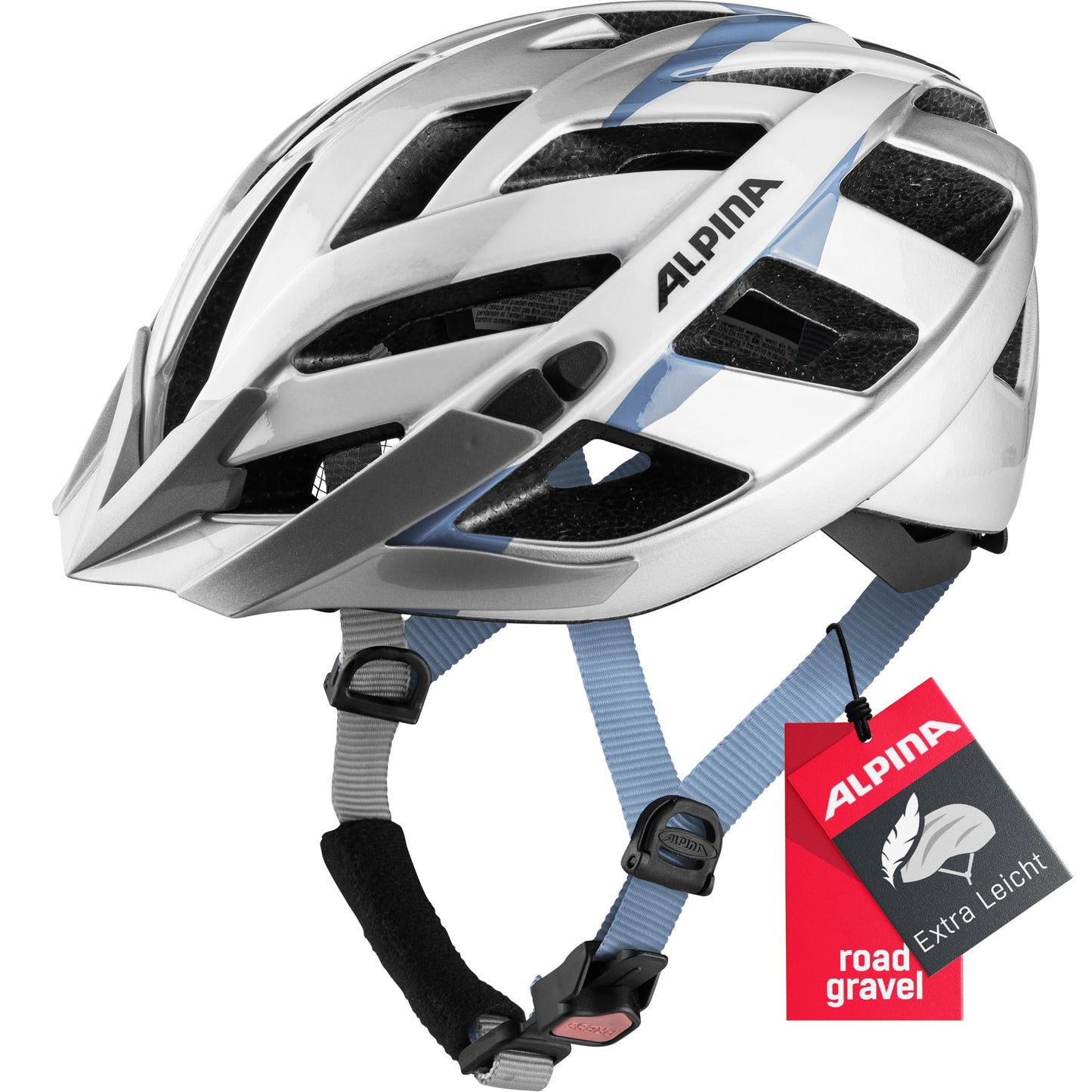 ALPINA PANOMA - Reflective & Well-Ventilated Bike Helmet with Insect Net & Upgradable LED for Adults, Silver-White Cyan, S (52-57 cm)