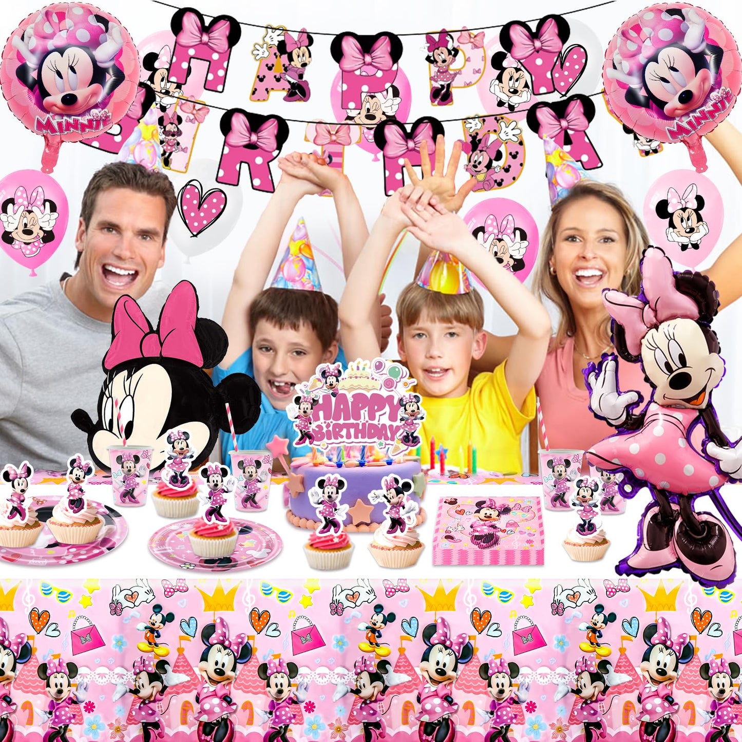 Minnie Mouse paper plates for kids birthday party décor - 100 pieces of pink Minnie birthday party supplies, Mickey birthday decorations for girls, partyware set includes napkins, tablecloth, balloons, banner, and cake decorations.