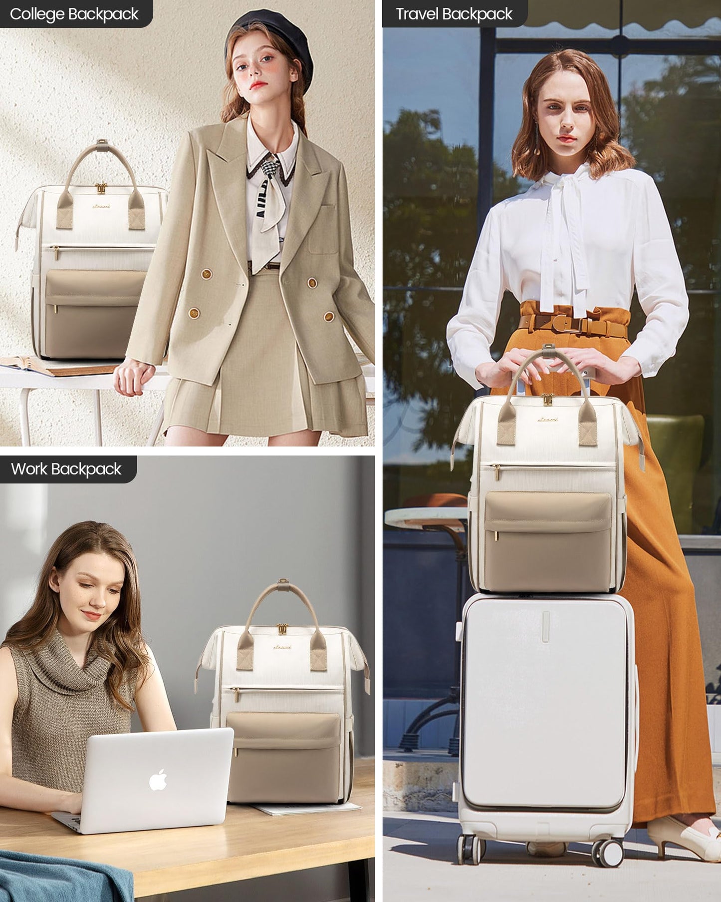 LOVEVOOK Backpack for Women, 17 Inch Laptop Work Bag Travel Backpack School Bag Large, Waterproof Daypacks Teacher Bag Backpack Women Elegant for Work Travel School College Office, Beige