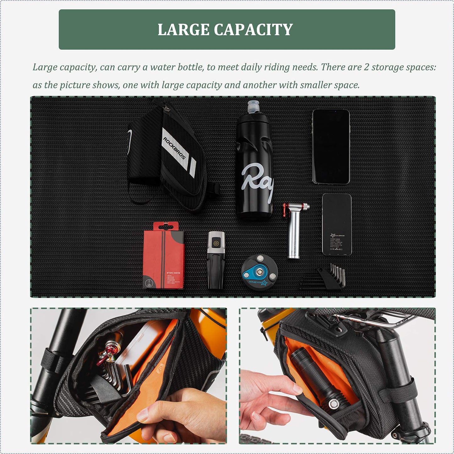 ROCKBROS bike saddle bag with bottle holder, reflective, suitable for MTB, road bike, folding bike. Black, approx. 1L capacity.