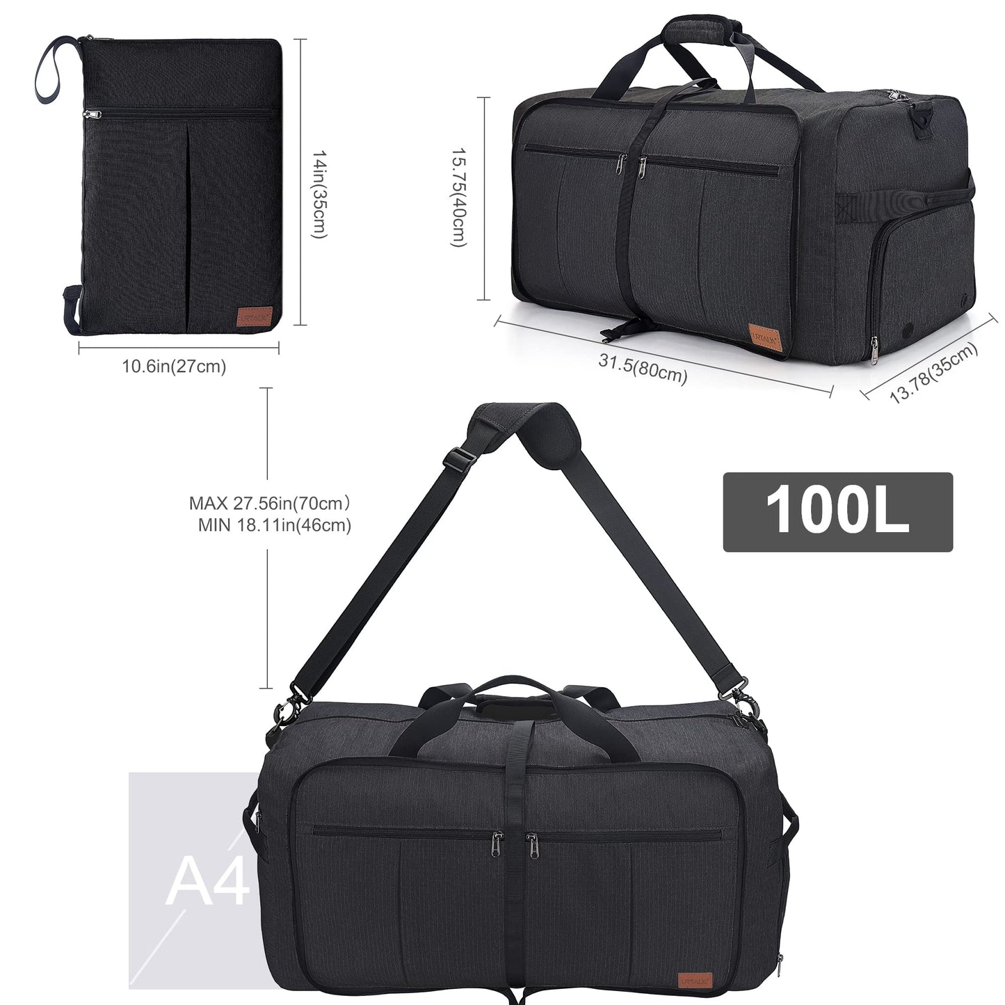 Urtala Foldable Travel Bag for Men & Women, 100L Large Weekender Overnight Bag with Shoe Compartment, Waterproof Carry-on Bag/Sports Bag