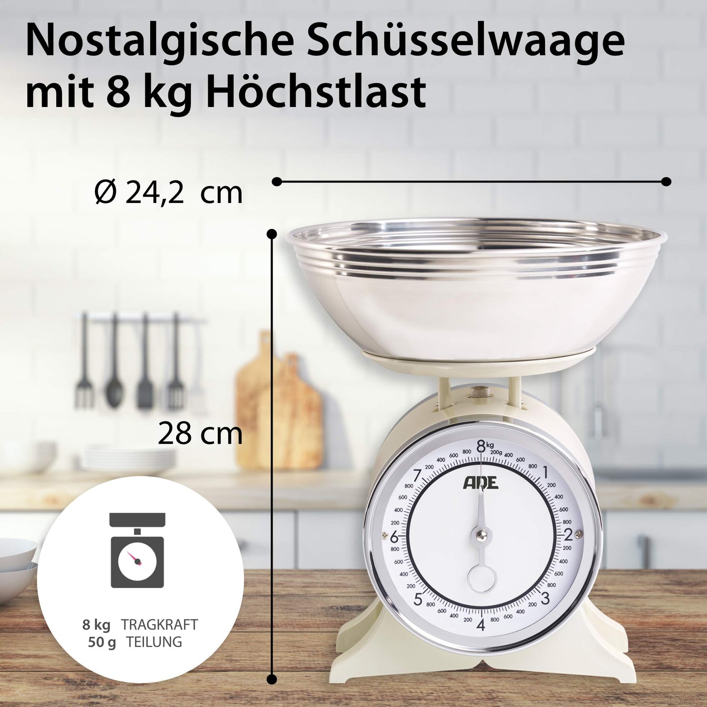 ADE Retro-style mechanical kitchen scale | precise display up to 8 kg | classic analog metal bowl scale | high-quality removable stainless steel bowl | cream white