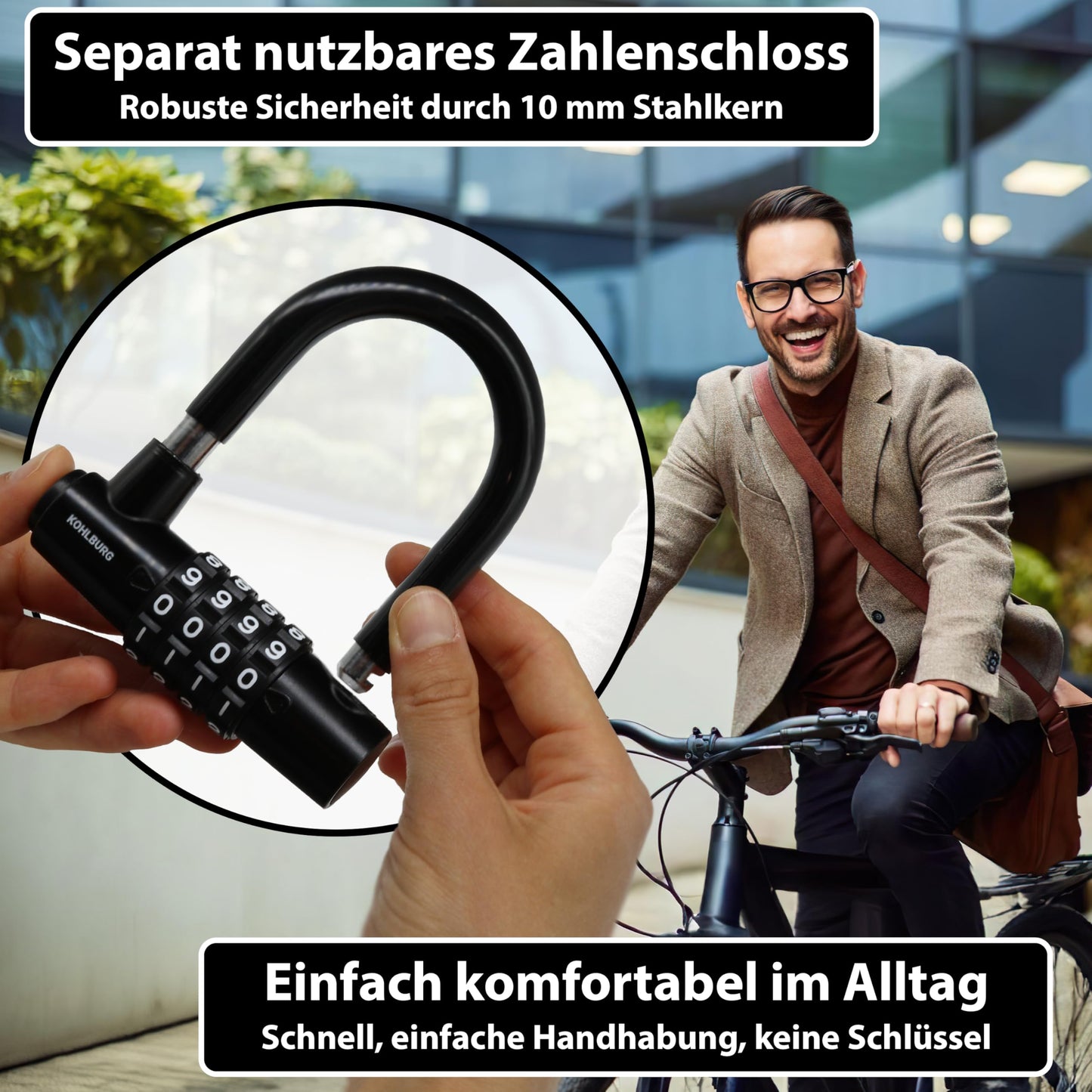 KOHLBURG Cable Lock 5 meters long with number combination - 500cm combination lock - Steel cable lock 5m coated - Steel cable 500 cm with code for bike garden furniture & bike lock.