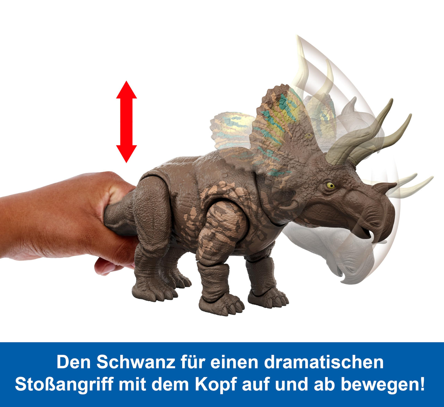Mattel Jurassic World: The Rebirth Gigantic Thrashers Eotriceratops dinosaur toy figure, large dinosaur species, with two activatable rage attacks, digital game, JGB93.