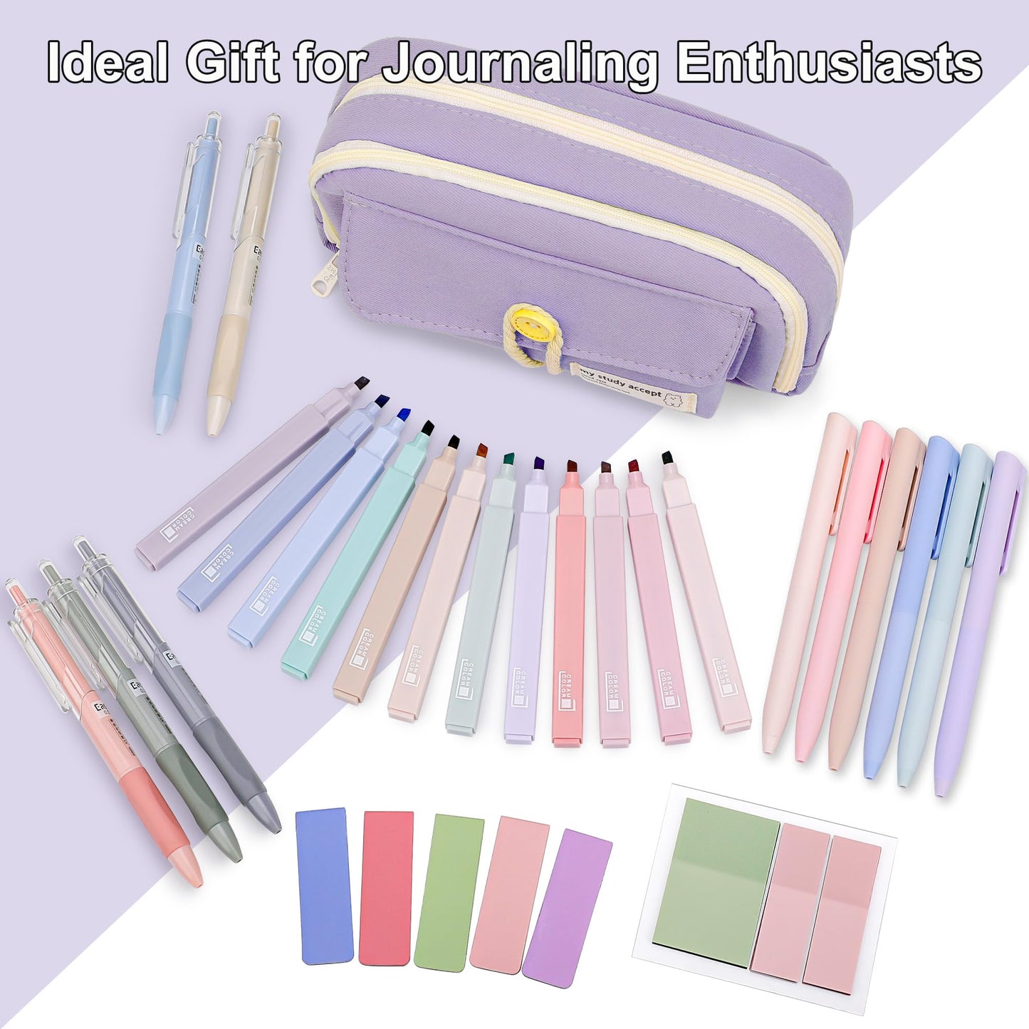 COZCLAM 32pcs School Supplies Aesthetic with Purple Pencil Case, 12 Pastel Highlighters, 5 Black Gel Pens, 6 Color Pencils, 5 Bookmarks, and Sticky Notes, Aesthetic School Stuff Clean Girl School Accessories