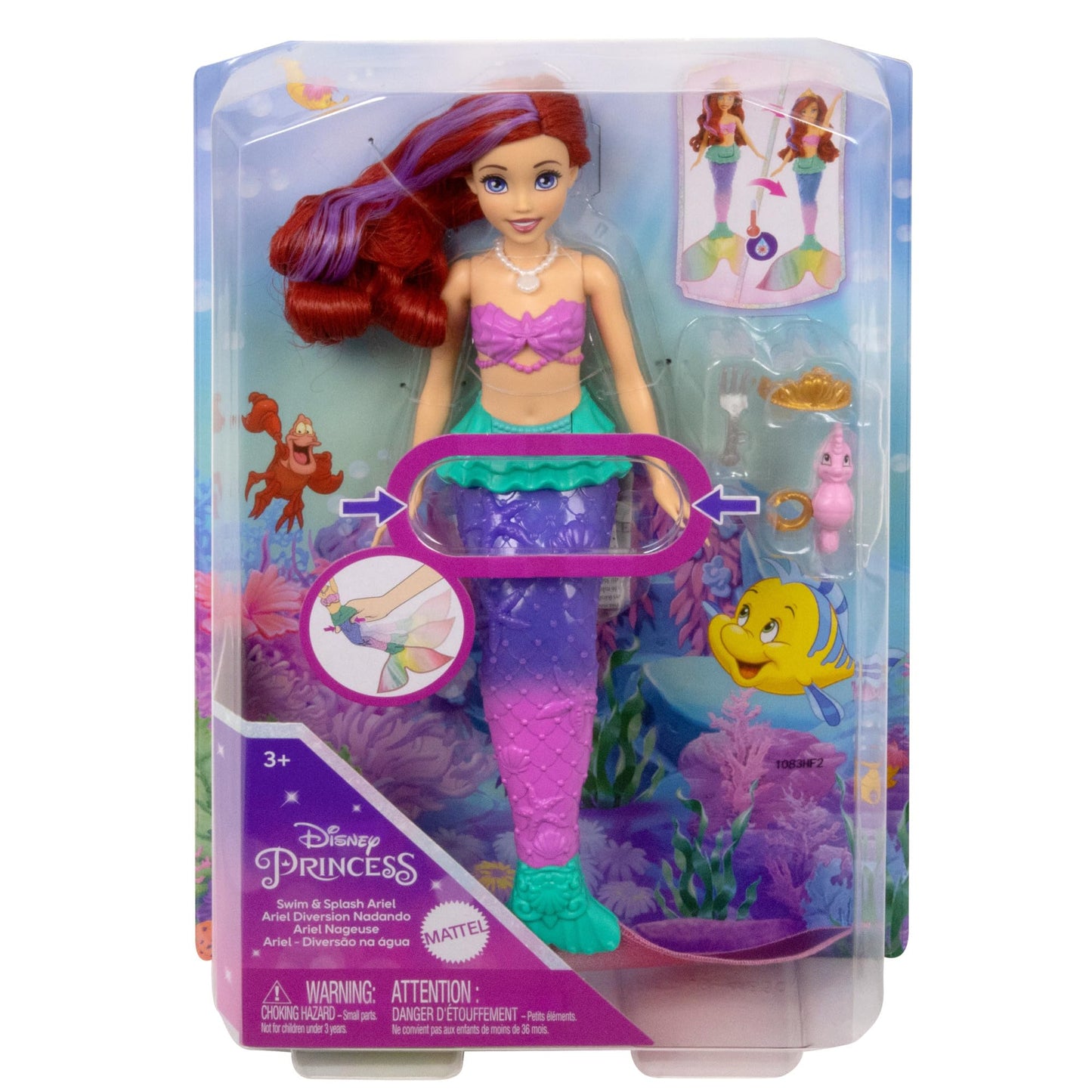 Mattel DISNEY Ariel - Mermaid doll with color change effect, includes seahorse friend, tiara, necklace, and dinglehopper for underwater adventures, HPD43