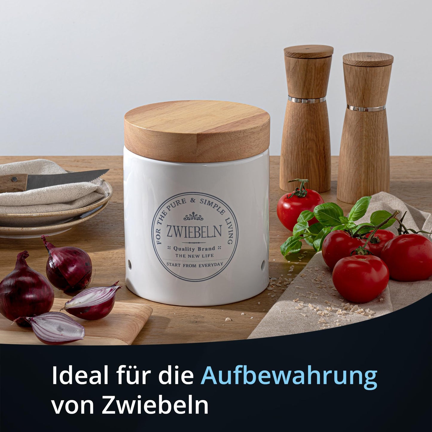KHG Set of storage containers for potatoes, onions, and garlic, made of ceramic stoneware with white wooden lids, round storage containers labeled for potatoes, onions, and garlic.