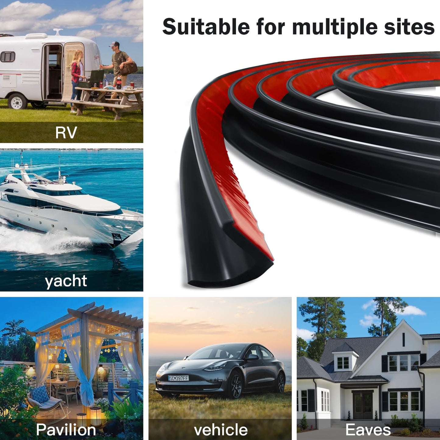 J Shape RV Gutter, 2.5M Adhesive Back, Roof Rain Diverting Strip for RV, Truck, Motorhome, Boat, Car, Van, Door, Camper