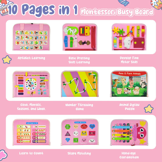 TenFans Busy Board - Montessori toy for 1-4 year olds - Sensory toys - Gifts for girls to learn fine motor skills - Educational activities travel toy for car and airplane