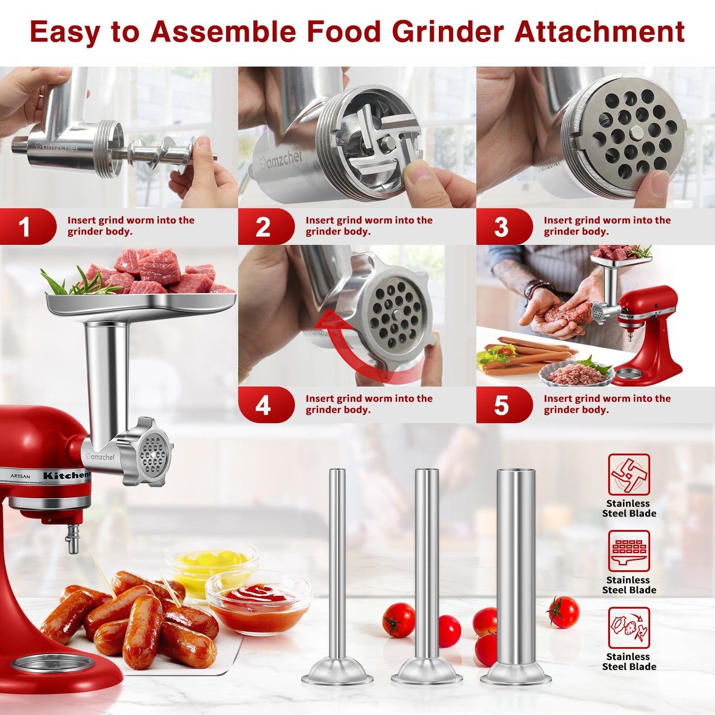 Meat grinder accessory for KitchenAid Artisan - Meat grinder Kitchen Aid includes 3 sausage fillers, 4 grinding plates, 2 blades, burger press, cleaning brush (Artisan not included, accessory only)