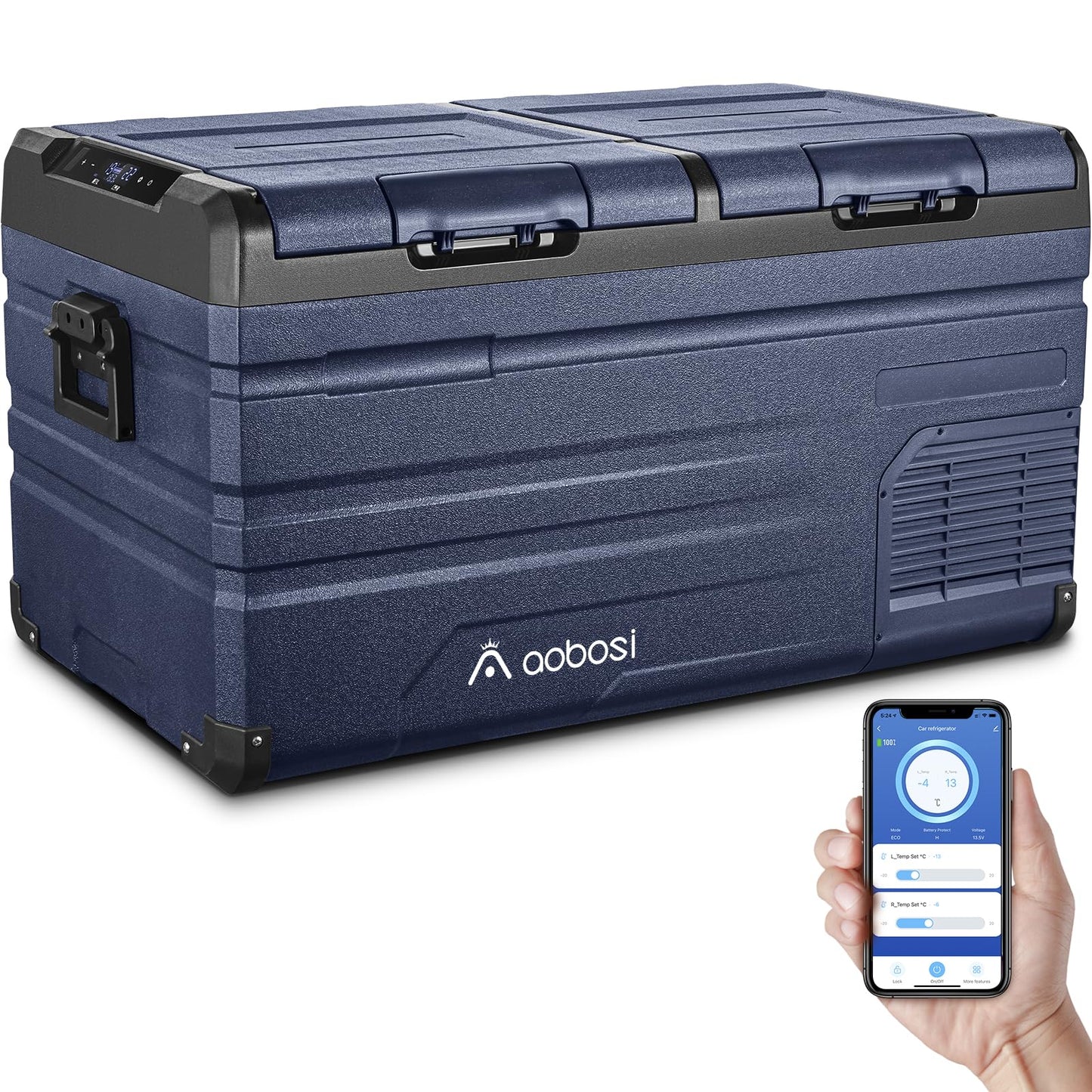 AAOBOSI 72L compressor cooler, car cooler with WiFi app control USB port, 12/24V and 100-240V cooler up to -20°C for car, truck, boat, RV, camping.