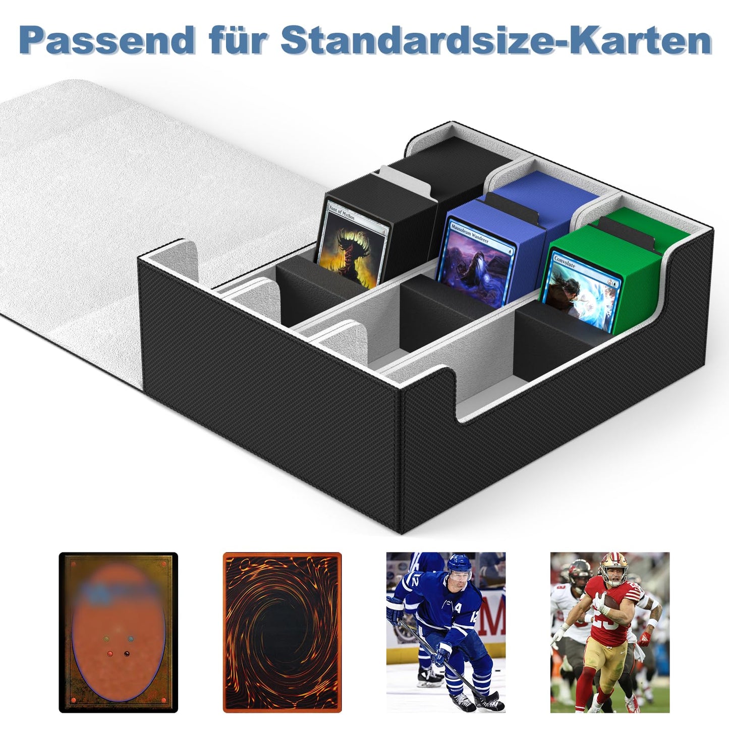 Mlikero card storage box holds 1800+ cards, magnetic deck box fits MTG and sports cards, premium Commander deck box with 10 compatible card dividers.
