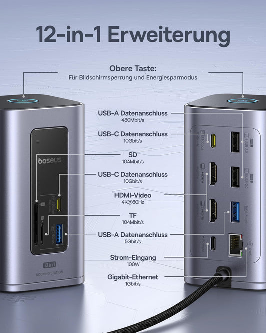 Baseus Docking Station USB-C, Nomos Air 12 in 1, Docking station for 2 monitors, 2 * 4K HDMI, 10Gbps USB-C/A, 100W PD, Gigabit Ethernet, Compatible with Dell/HP/Lenovo/Asus/Acer/Mac laptops.
