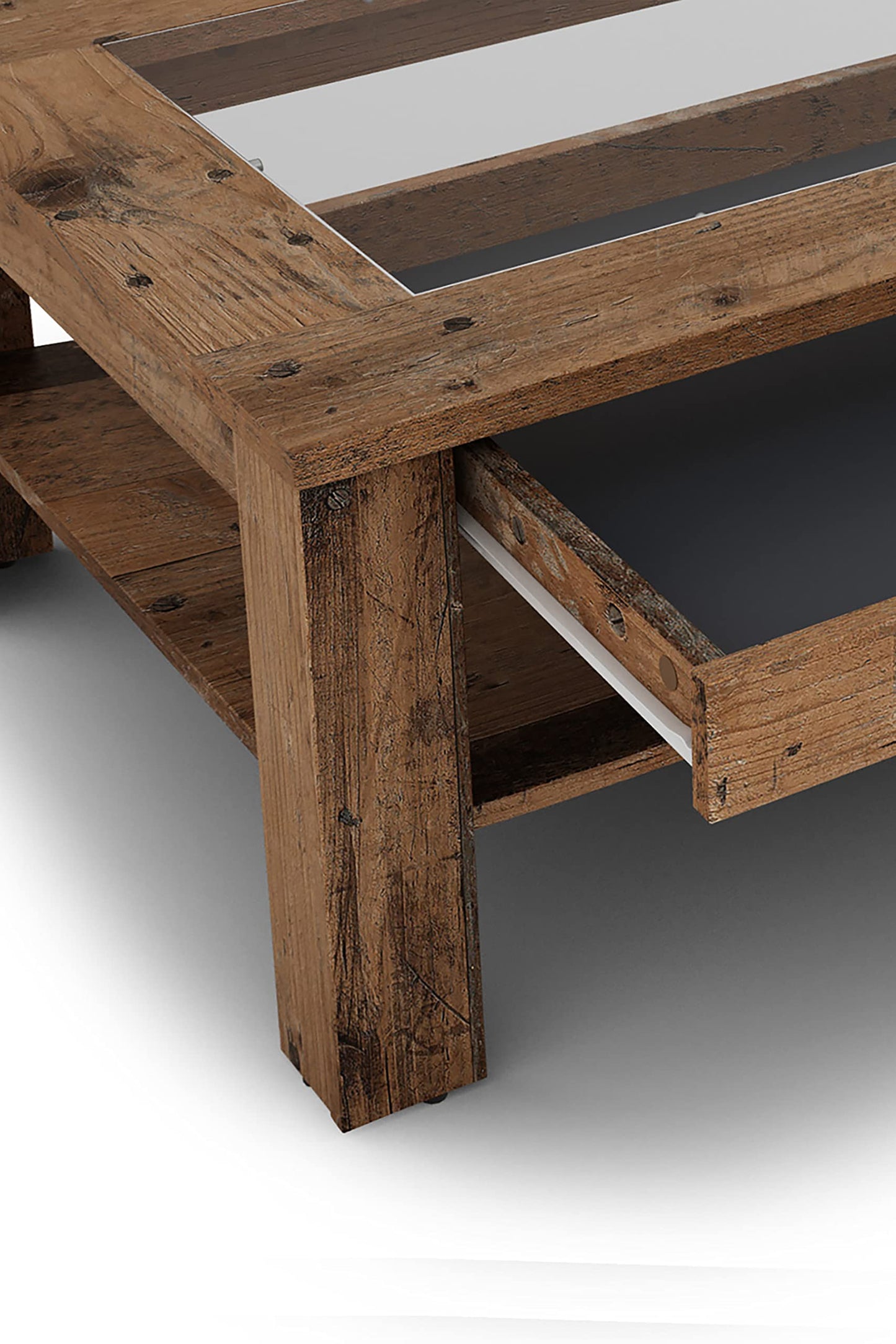 byLIVING Coffee Table Ralph/modern Coffee Table with glass insert and spacious drawer in Old Wood-look/Side Table with plenty of storage space/W 110, H 43, D 67 cm
