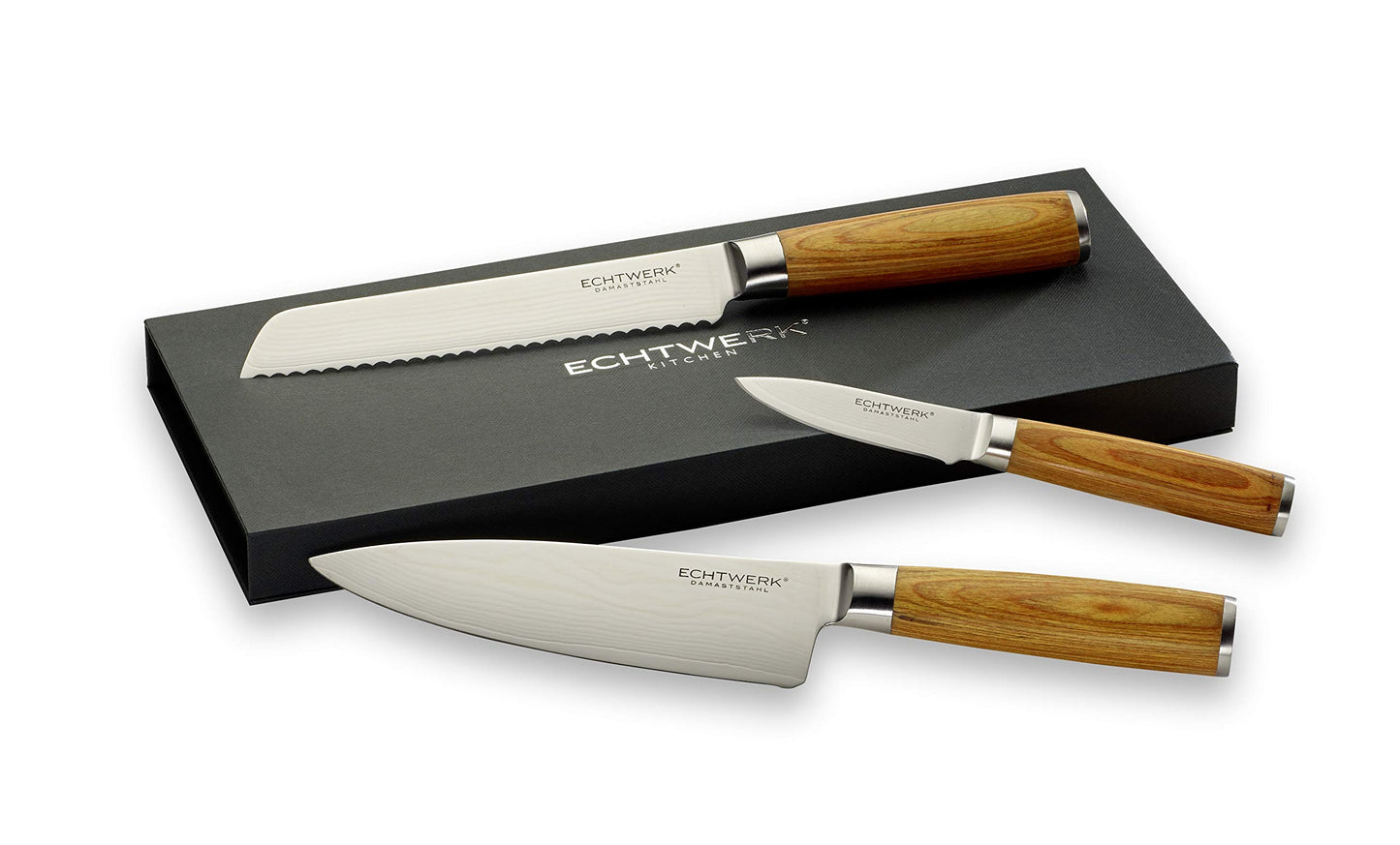 3-piece Genuine Damascus Knife Set, Kitchen/Chef's Knife, Serrated Bread Knife, Paring/Vegetable Knife, Damascus Steel, ergonomic Pakka Wood handles, Brown/Silver, Storage Box included.