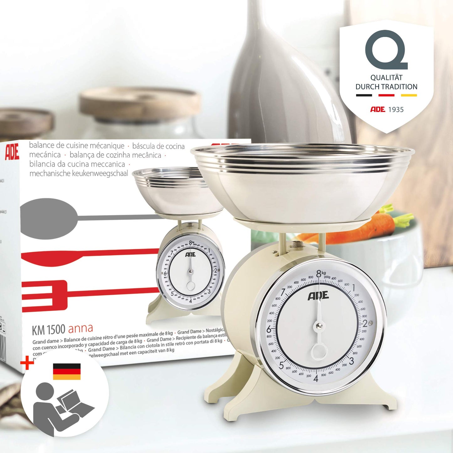 ADE Retro-style mechanical kitchen scale | precise display up to 8 kg | classic analog metal bowl scale | high-quality removable stainless steel bowl | cream white