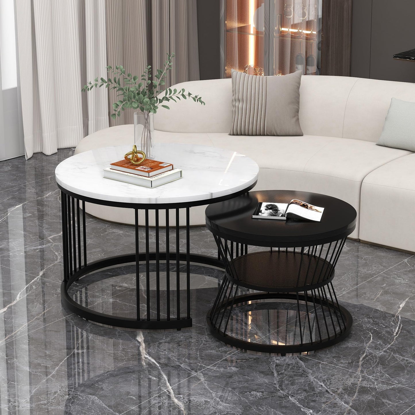 Merax Round Coffee Table 2 Piece Set, Modern Side Table with High Gloss Marble Effect for Living Room, Nesting Table for Reception Room, Balcony, and Office, Metal Frame, Black & White