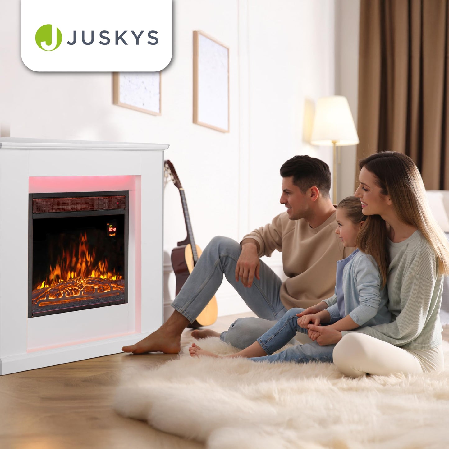 Juskys Electric Fireplace 1000 / 2000 W with heating, fireplace, flame effect, remote control, LED lighting & timer - Electric corner fireplace white