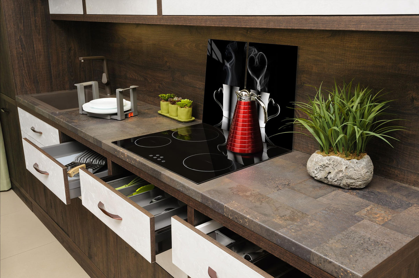SMTDeco stove cover glass ceramic hob cover hob cover hob plate covers induction hob 2 x 40x52 cm two-piece coffee black