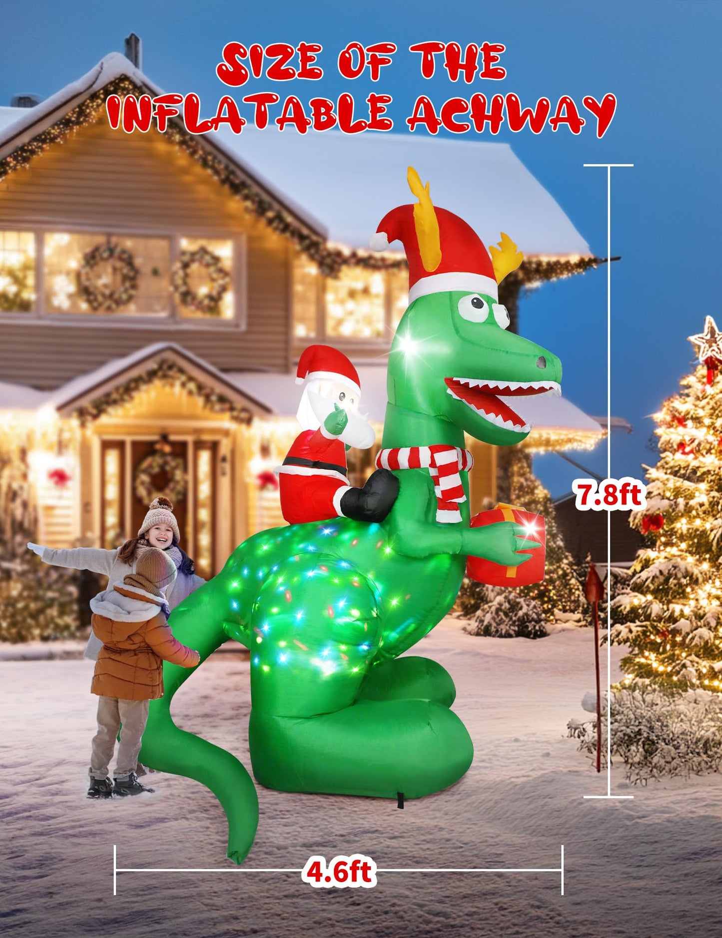 Vintoney 8ft/244cm Christmas Inflatable Dinosaur and Santa Claus Inflatable with Rotating LED Lights Yard Decoration Snowball Inflatables Indoor Outdoor Christmas Decorations