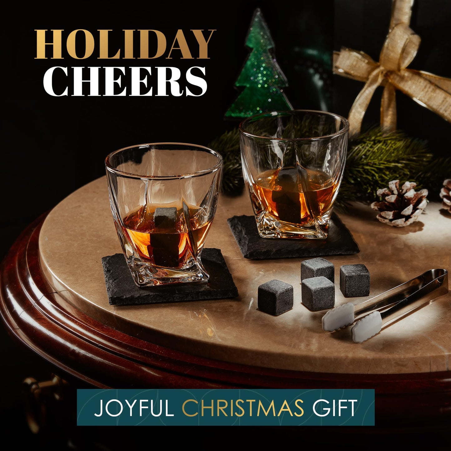 Whiskey gift set – Whiskey glasses, stones, ice tongs, coasters, wooden chest, velvet pouch, history and recipe cards – accessory set, gift for men, husband by Royal Reserve.