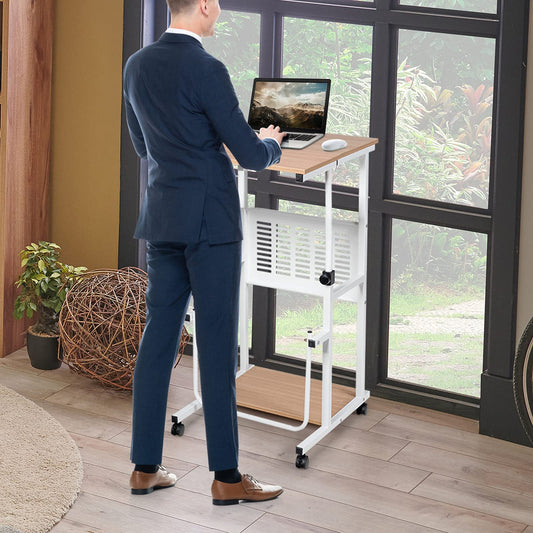 GOPLUS Laptop Table on Wheels, Standing Desk with Height-Adjustable Shelf, Space-Saving Stand-Up Computer Desk with Metal Frame, Storage Space and Footrest, Holds up to 23 kg, Natural.