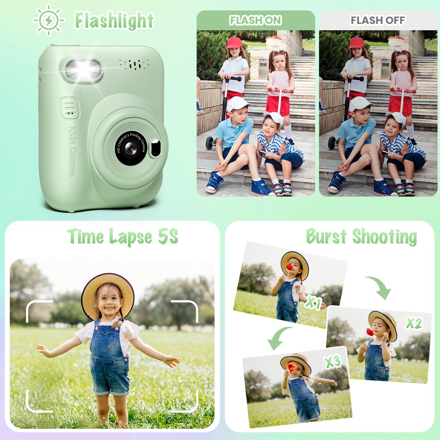 Gofunly instant camera for kids, 3.0 inch screen children's camera with 32GB card & printing paper, 14MP/1080P kids instant print camera, gift for 3-12 years old (Green)