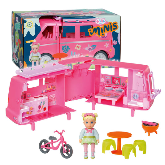 BABY Born, doll vehicle, fold-out caravan & Minis high chair playset with Minis doll Luna, bottle, and plate, 906125 Zapf Creation