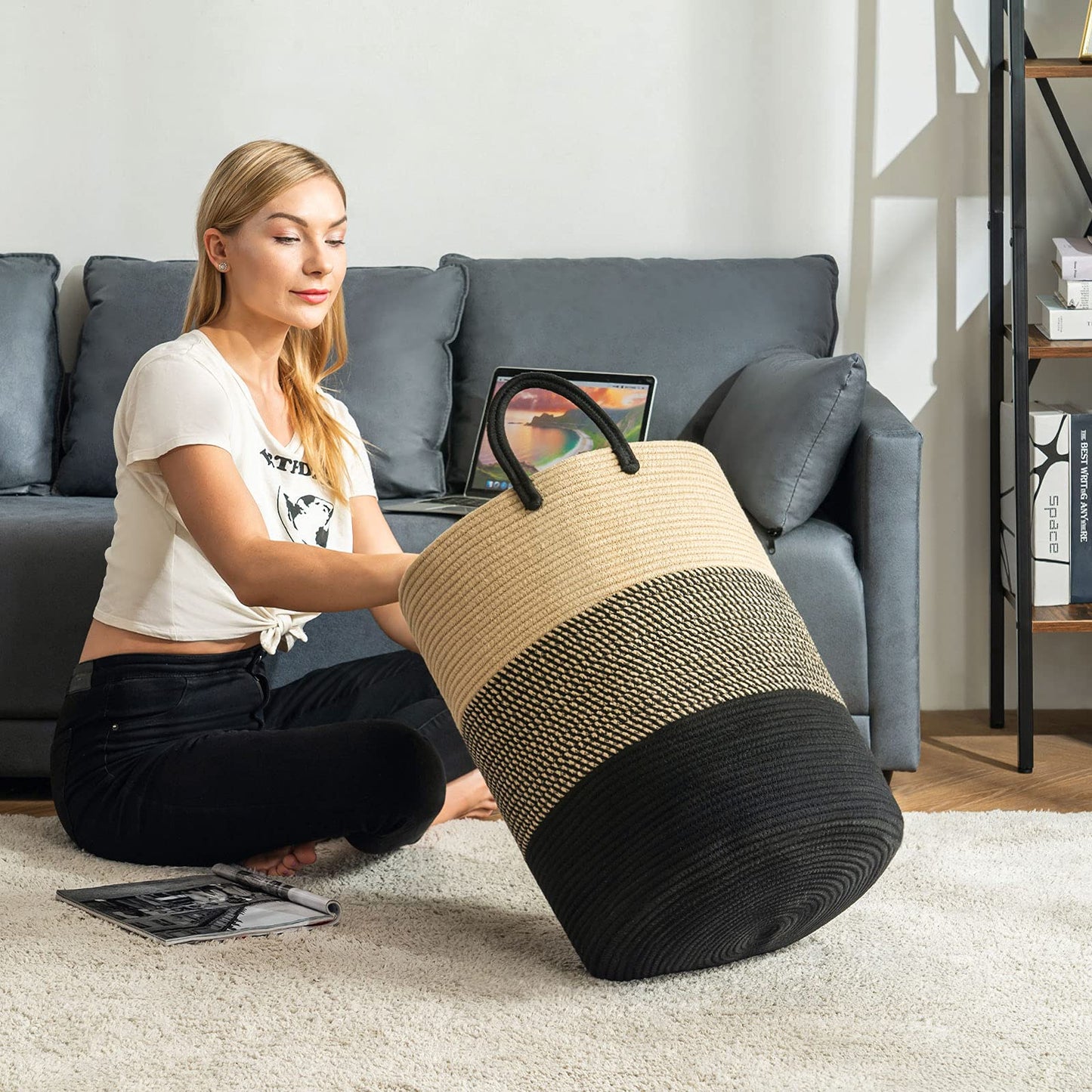 YOUDENOVA Woven Laundry Basket Toy Storage Basket with Handle Handmade from Cotton Z-Brown Black