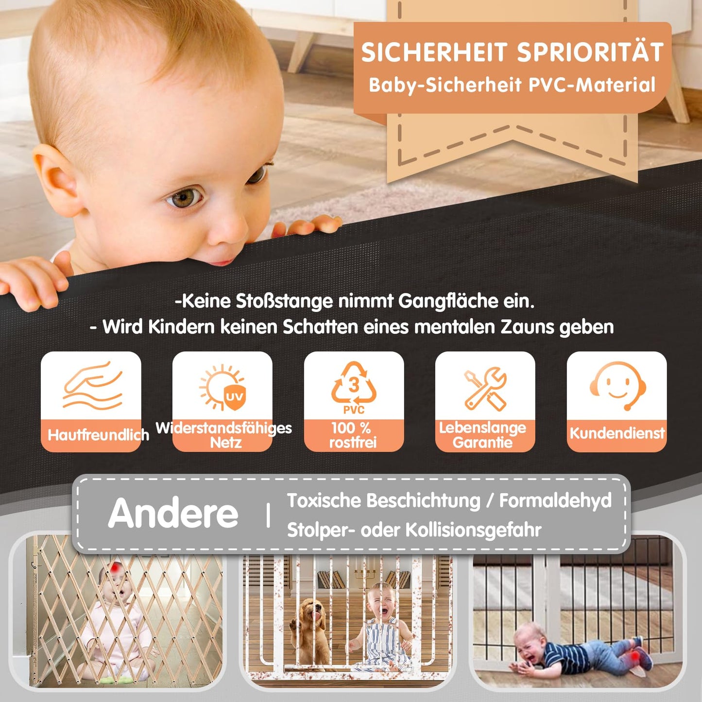 Retractable baby safety gate, 380cm wide, by AMAZKRUS. Ideal for stairs, doors, indoors, and outdoors. Provides protection for children, cats, and dogs.