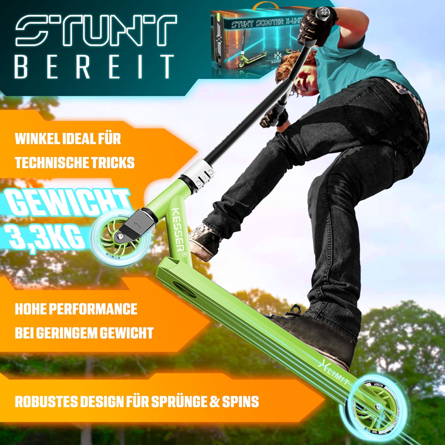 KESSER® Stunt Scooter X-Limit-Pro 360° steering fun scooter with stand, ABEC 9 bearings, 110mm PU wheels, kick scooter for children and adults.