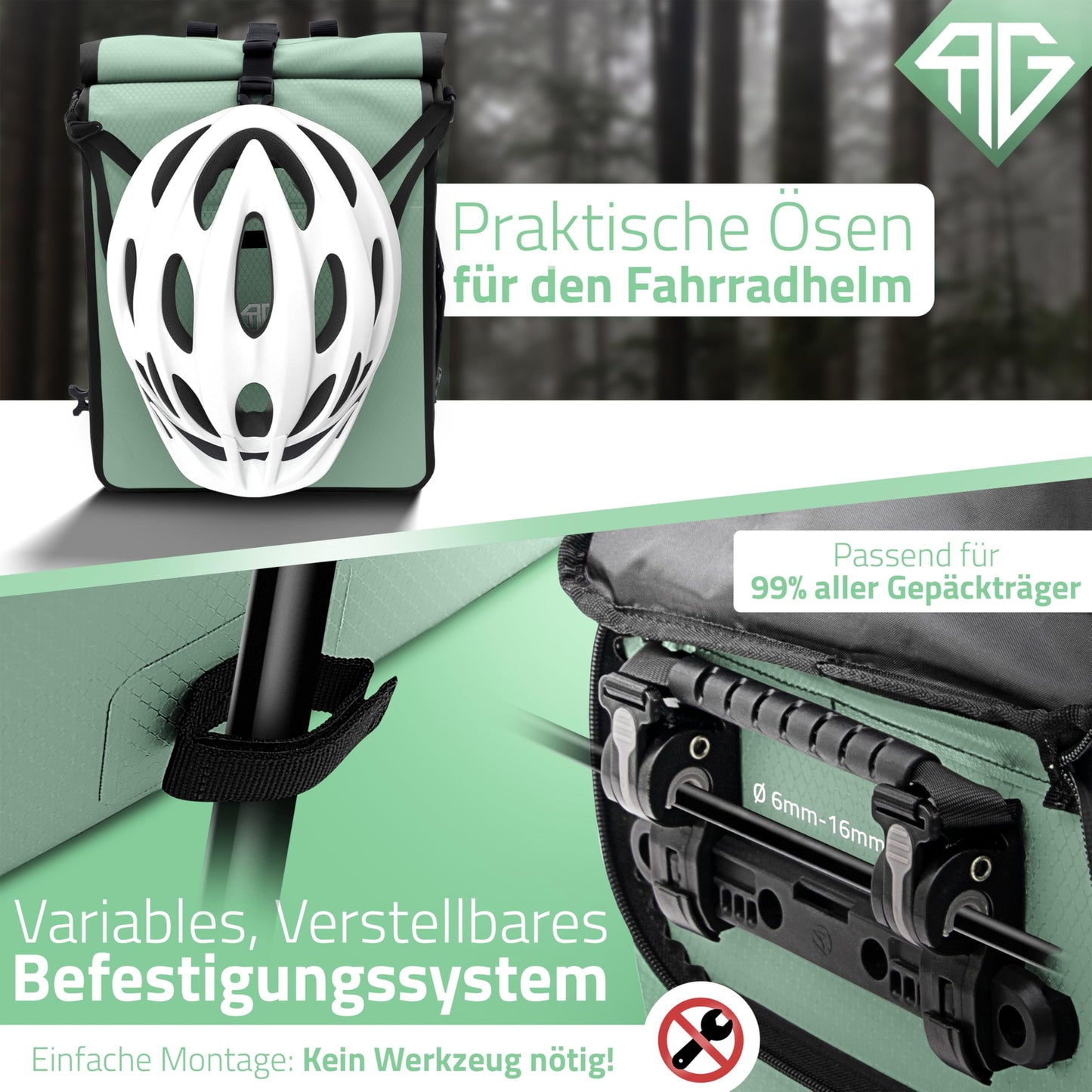 RADGEIST 3in1 bike bag for luggage rack - bike backpack - luggage rack bag - shoulder bag - with laptop compartment - waterproof - 25L - mint