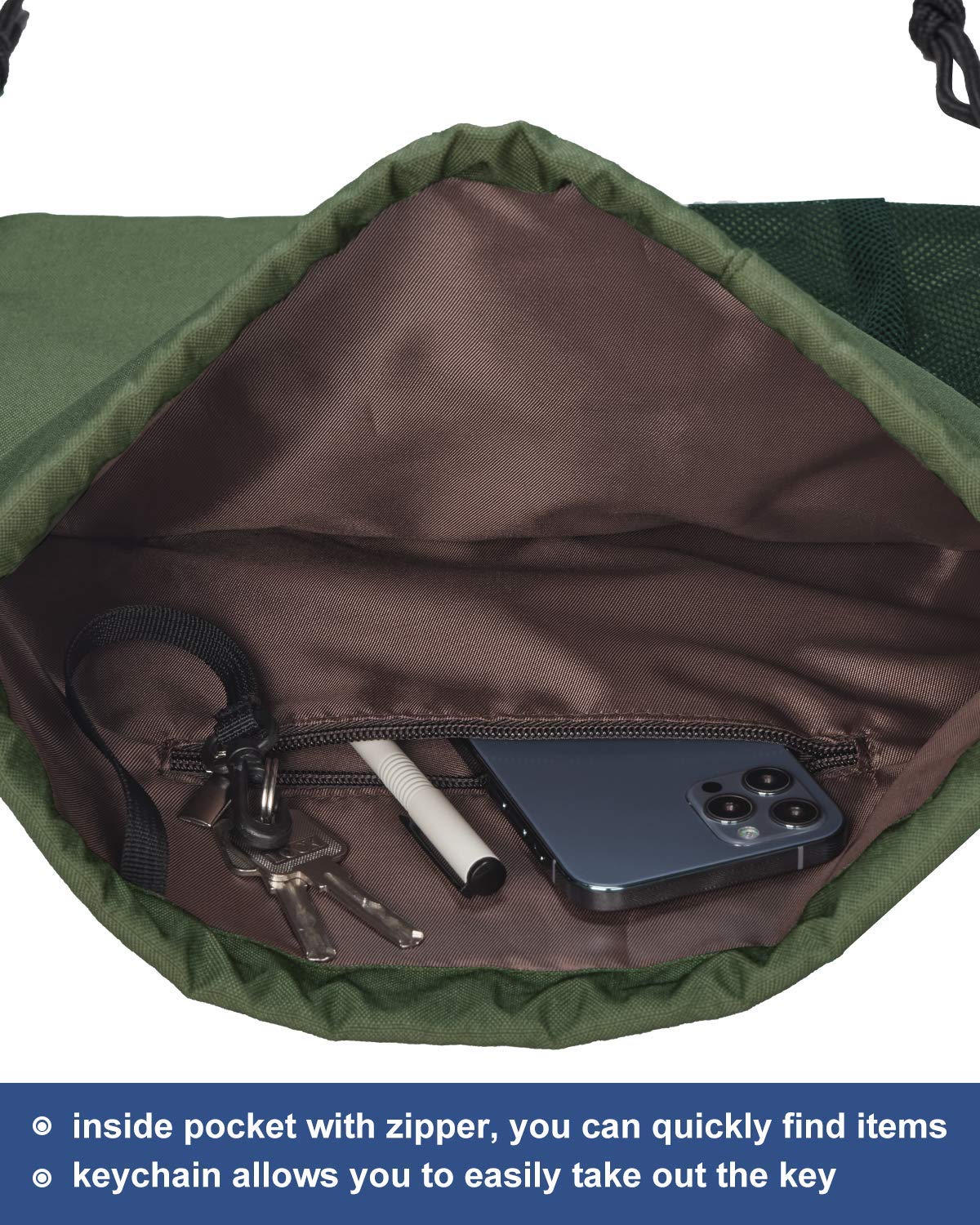 LIVACASA Drawstring Backpack with Zipper Inner Pocket, Hipster Gym Bag, Padded Backpack with Adjustable Drawstring, for Men and Women, Army Green.